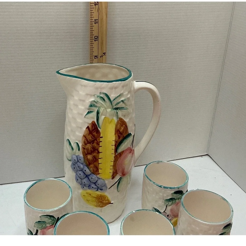 Vintage‎ Pitcher and 5 Cup Set Fruit Basketweave Ceramic Tropical Cream